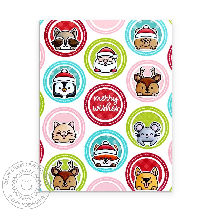 Sunny Studio Critters Peeking Out from Circular Circle Windows Christmas Card using Holiday Tags & Labels Clear Craft Stamps