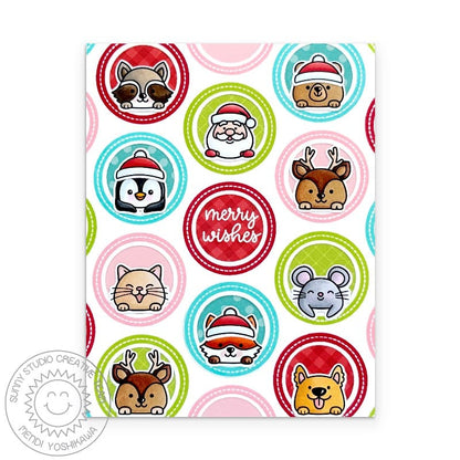 Sunny Studio Critters Peeking Out from Circular Circle Windows Christmas Card using Holiday Tags & Labels Clear Craft Stamps