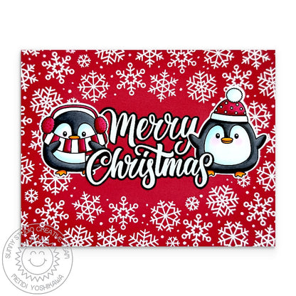 Sunny Studio Roly Poly Penguins Red & White Snowflake Handmade Christmas Card using Holiday Tags & Labels Clear Craft Stamps
