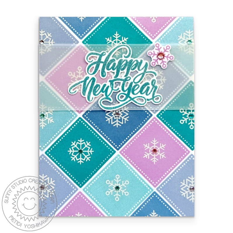 Sunny Studio Diamond Diagonal DIY Stamped Square Snowflake Happy New Year Card using Holiday Tags & Labels Clear Craft Stamps
