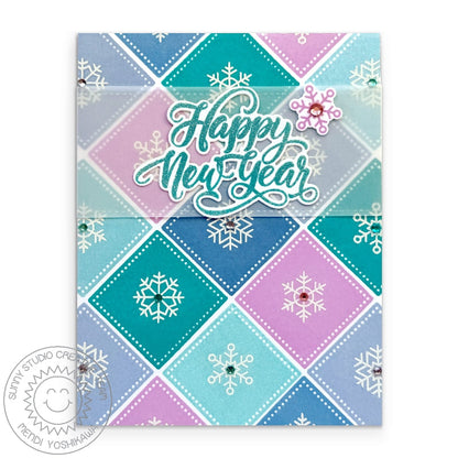 Sunny Studio Diamond Diagonal DIY Stamped Square Snowflake Happy New Year Card using Holiday Tags & Labels Clear Craft Stamps