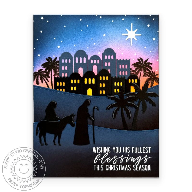 Sunny Studio Stamps Joseph & Mary on a Donkey Bethlehem Christmas Card using Nativity Scene Builder Metal Cutting Craft Dies