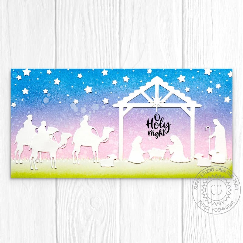 Sunny Studio Stamps Pastel Slimline Holiday Religious Christmas Card using Nativity Scene Builder Metal Cutting Craft Dies