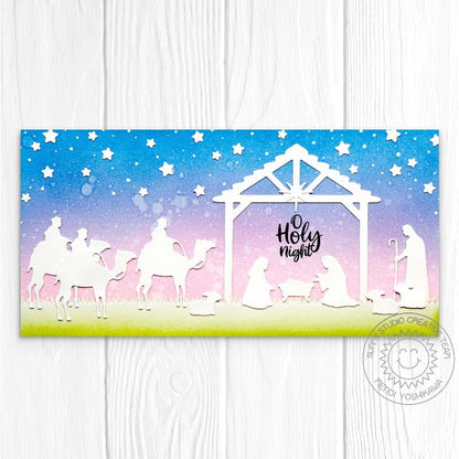 Sunny Studio Stamps Pastel Slimline Holiday Religious Christmas Card using Nativity Scene Builder Metal Cutting Craft Dies