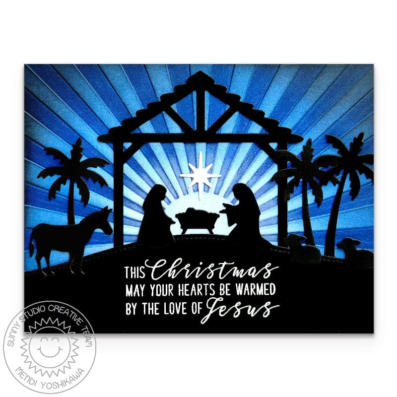 Sunny Studio Stamps Sunburst Hearts Warmed By Jesus DIY Christmas Card using Nativity Scene Builder Metal Cutting Craft Dies