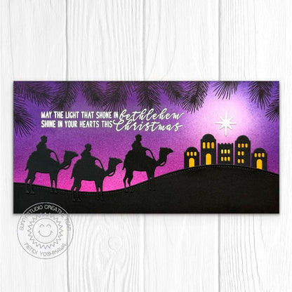 Sunny Studio Stamps Wise Men in Bethlehem Slimline DIY Christmas Card using Nativity Scene Builder Metal Cutting Craft Dies