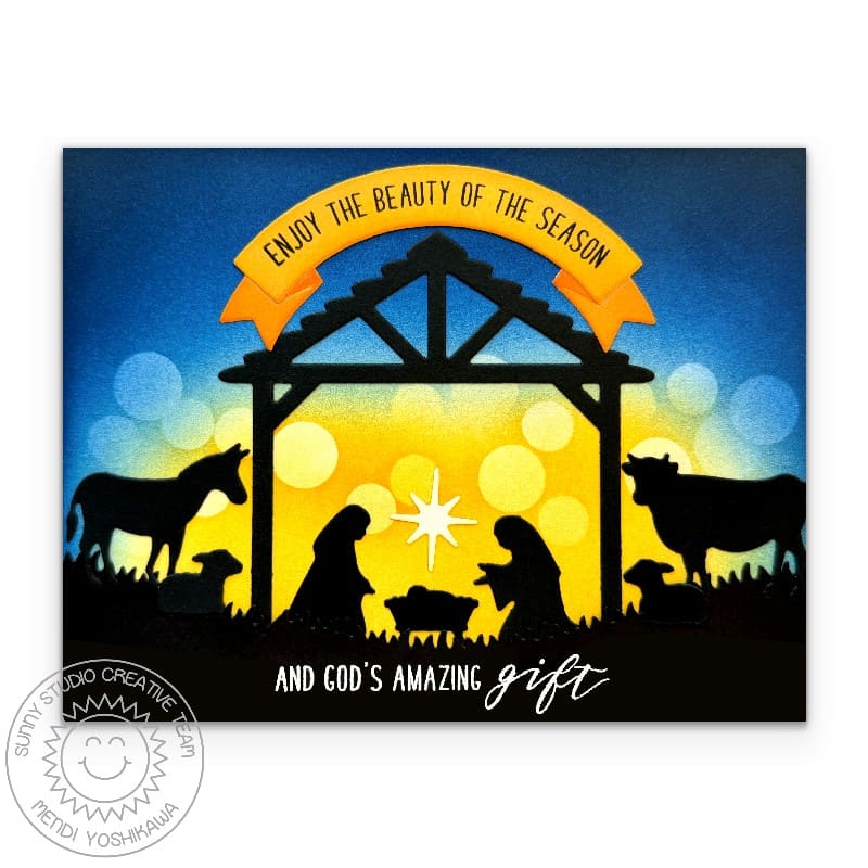Sunny Studio Stamps Joseph, Mary, & Baby Jesus in Stable Bokeh Christmas Card using Nativity Scene Builder Cutting Craft Dies