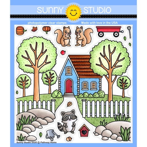 Sunny Studio Pathway Home 6x6 Clear Craft Stamps featuring House, Trees, Fence, Squirrels, Raccoon, & Wagon