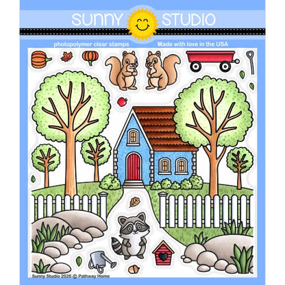 Sunny Studio Pathway Home 6x6 Clear Craft Stamps featuring House, Trees, Fence, Squirrels, Raccoon, & Wagon