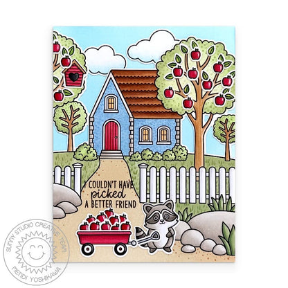Sunny Studio Raccoon with Wagon, Apple Trees, & House Handmade DIY Fall Scene Card using Pathway Home 6x6 Clear Craft Stamps