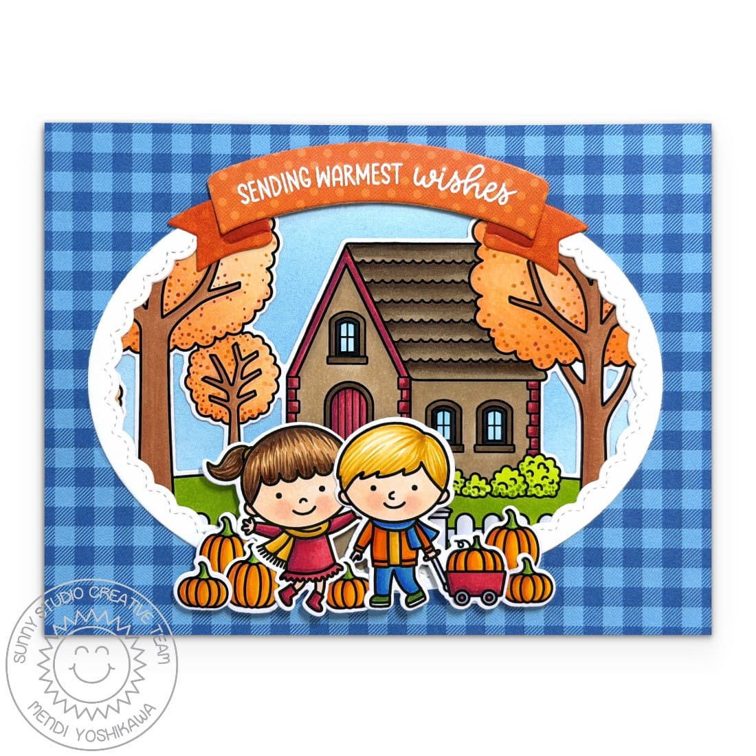 Sunny Studio Girl & Boy Pulling Wagon with Autumn Pumpkins DIY Handmade Fall Card using Pathway Home 6x6 Clear Craft Stamps