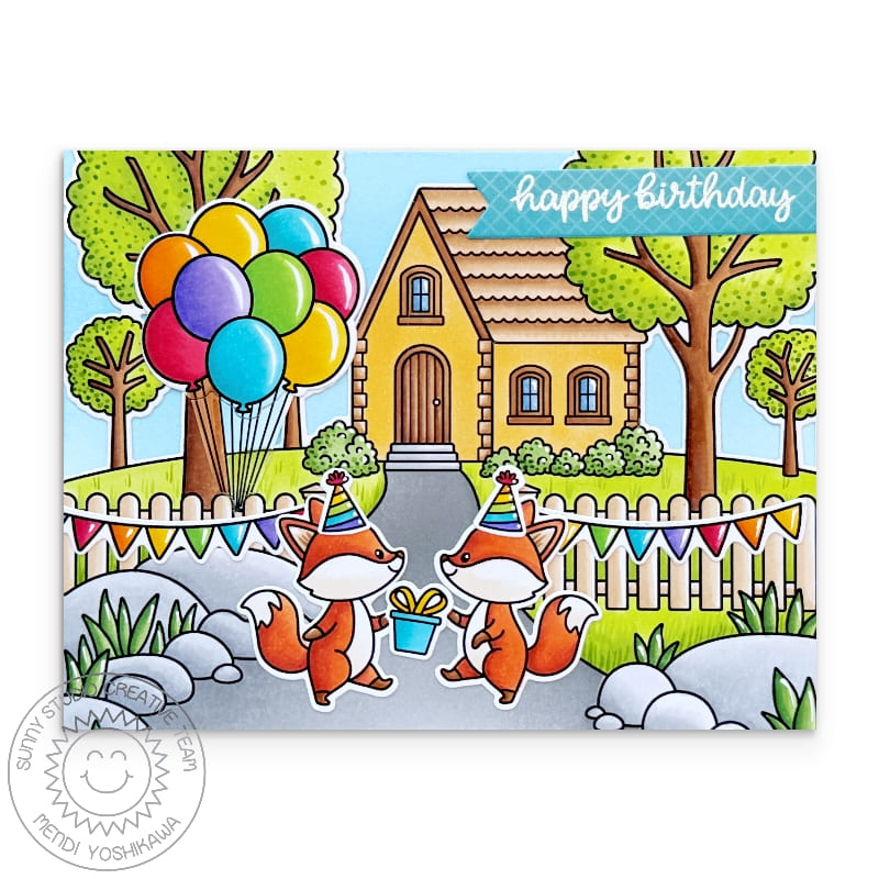 Sunny Studio Fox Critters House Birthday Party Scene Handmade Card using Pathway Home 6x6 Clear Craft Stamps