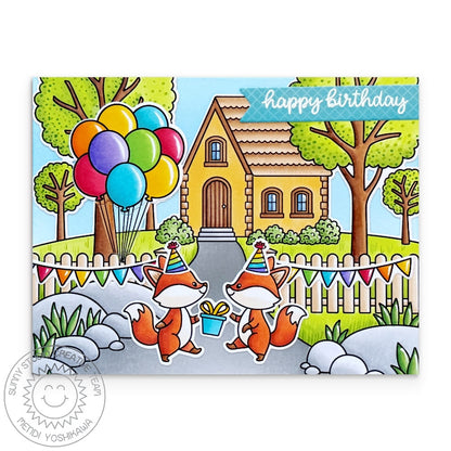 Sunny Studio Fox Critters House Birthday Party Scene Handmade Card using Pathway Home 6x6 Clear Craft Stamps