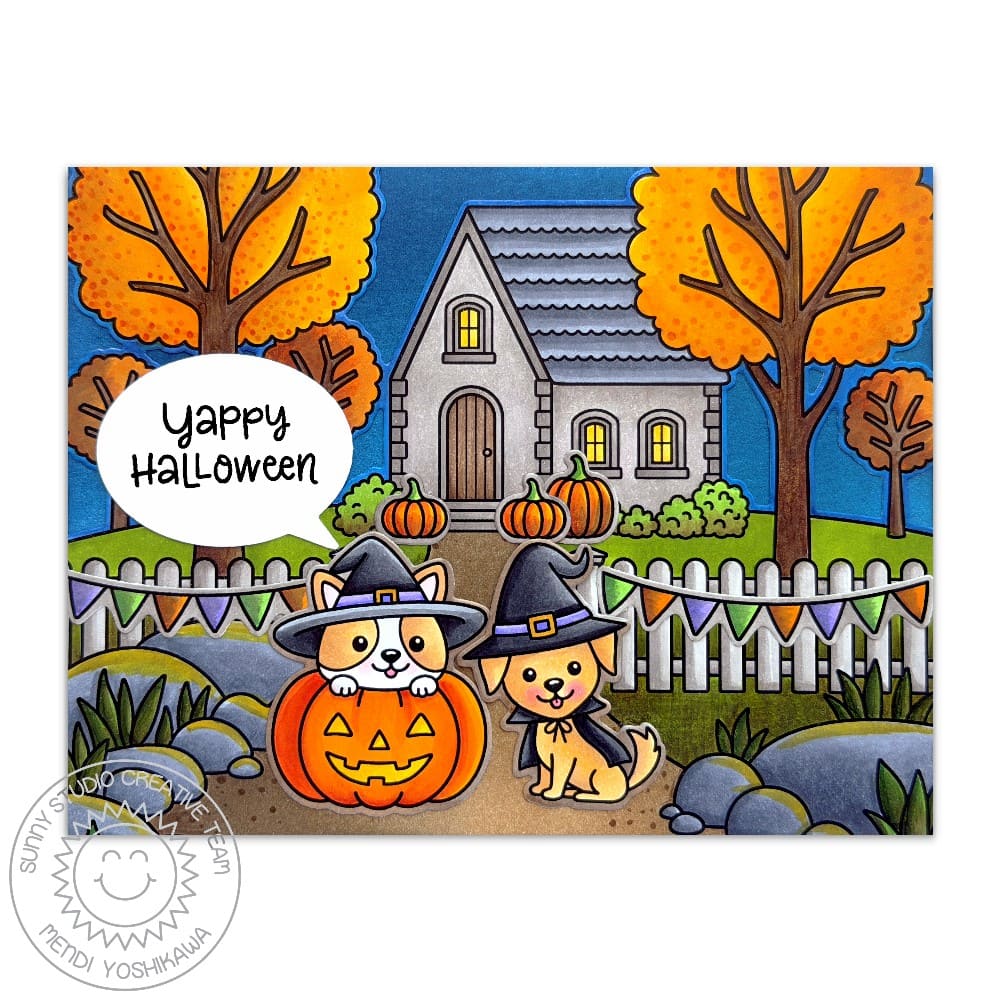 Sunny Studio Dogs Trick or Treating in Neighborhood Handmade Halloween Night Card using Pathway Home 6x6 Clear Craft Stamps