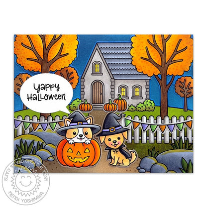 Sunny Studio Dogs Trick or Treating in Neighborhood Handmade Halloween Night Card using Pathway Home 6x6 Clear Craft Stamps