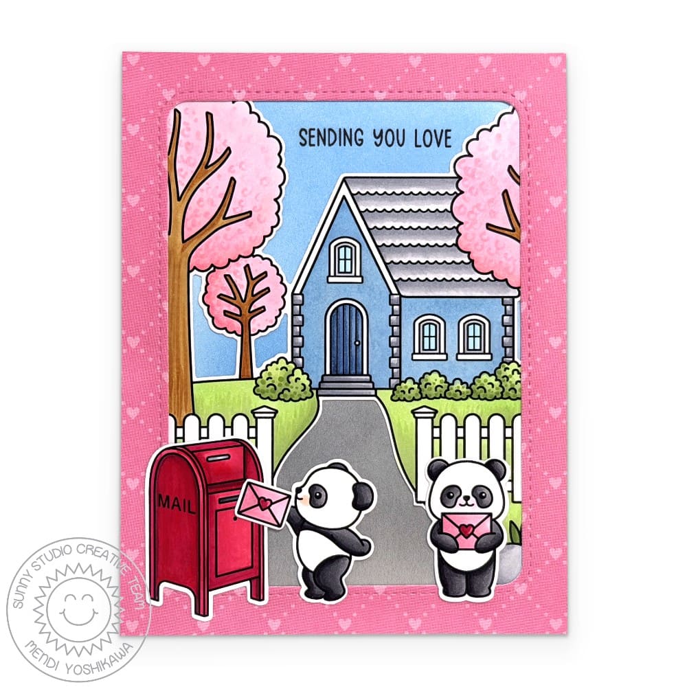 Sunny Studio Panda Bear With Letter & Red Mailbox Sending You Love Handmade Card using Pathway Home 6x6 Clear Craft Stamps