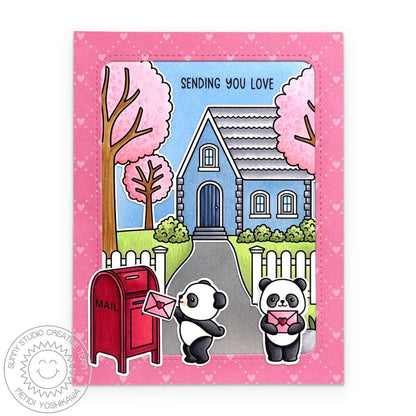 Sunny Studio Panda Bear With Letter & Red Mailbox Sending You Love Handmade Card using Pathway Home 6x6 Clear Craft Stamps