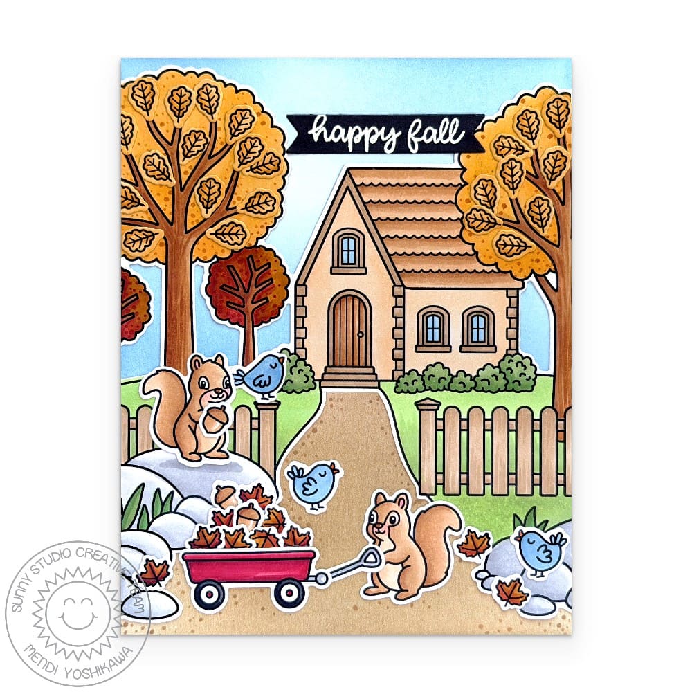 Sunny Studio Birds & Squirrels Pulling Wagon with Autumn Leaves Handmade Fall Card using Pathway Home 6x6 Clear Craft Stamps
