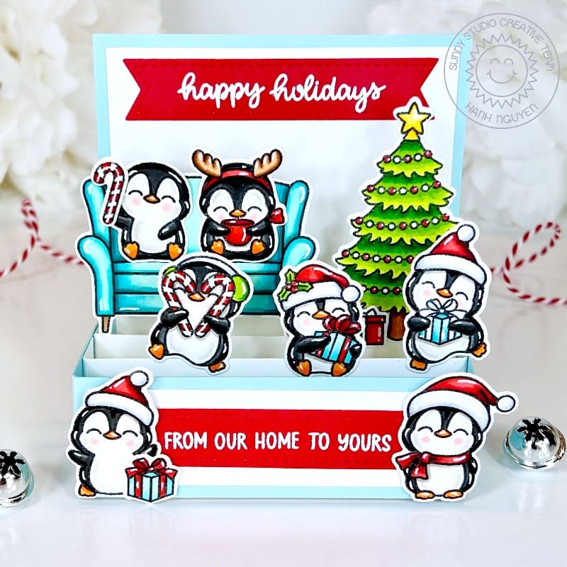 Sunny Studio Penguins on Sofa by Christmas Tree Folding Pop-up Box Card using Build-a-Greeting Holidays Clear Sentiment Stamp