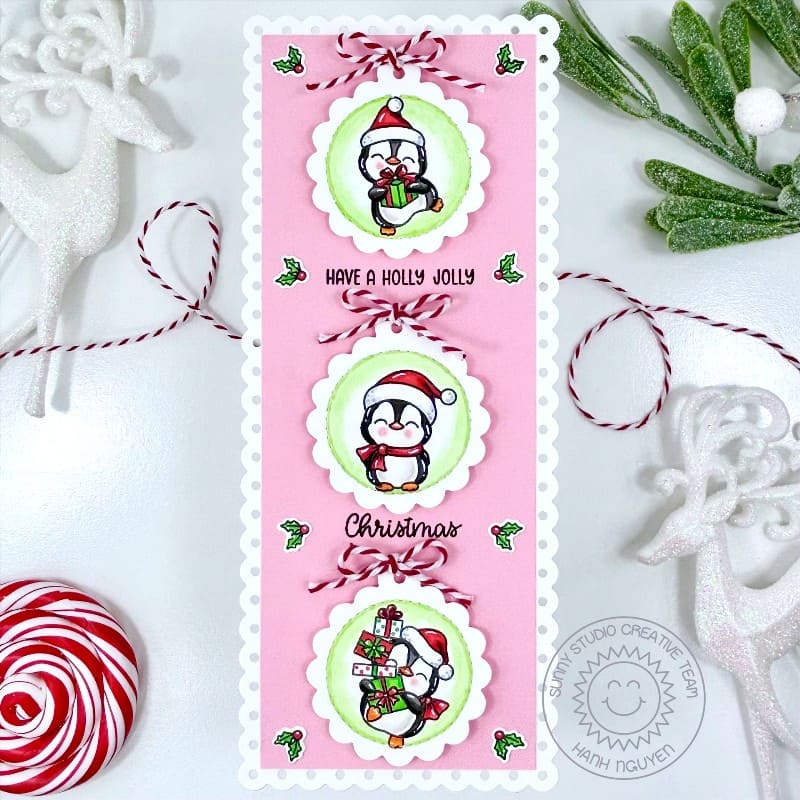 Sunny Studio Penguin Pink Scalloped Circle Slimline Holiday Christmas Card using Build-a-Greeting Holidays Clear Craft Stamps