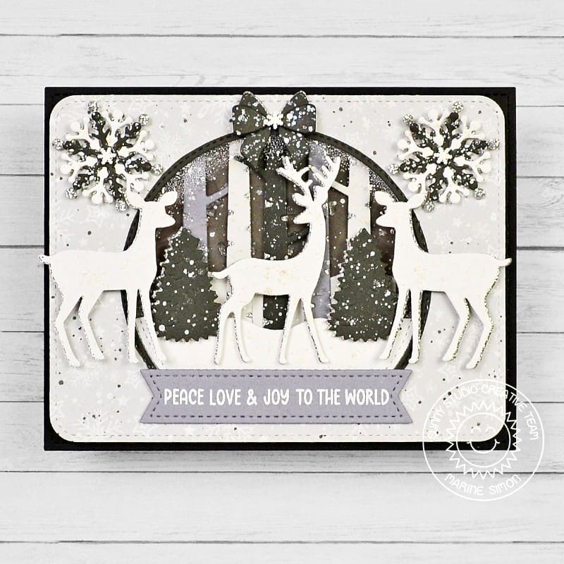 Sunny Studio Black & White Deer Snowy Snowglobe Christmas Card using Build-a-Greeting Holidays Clear Sentiment Craft Stamps
