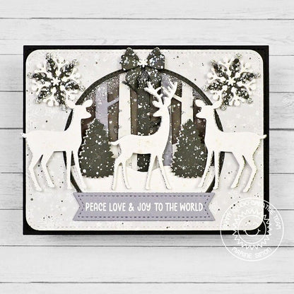 Sunny Studio Black & White Deer Snowy Snowglobe Christmas Card using Build-a-Greeting Holidays Clear Sentiment Craft Stamps