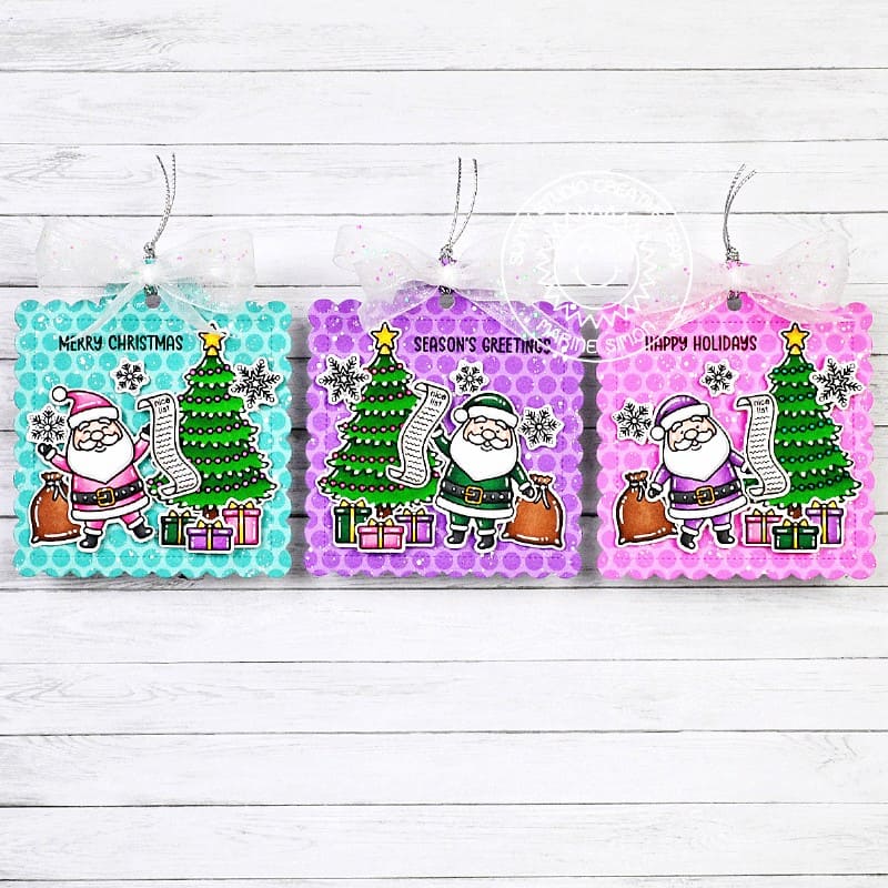 Sunny Studio Santa with Christmas Trees Colorful Scalloped Square Gift Tags using Build-a-Greeting Holidays Clear Stamps