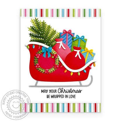 Sunny Studio Stamps Sleigh Stacked with Gifts Colorful DIY Holiday Christmas Card using Sleigh Ride Surprise Metal Craft Dies