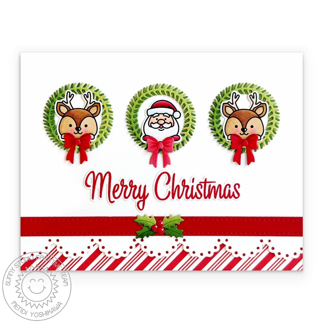 Sunny Studio Stamps Santa Claus & Reindeer Peeking in Wreath DIY Christmas Card using Sleigh Ride Surprise Metal Craft Dies