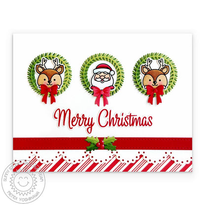 Sunny Studio Stamps Santa Claus & Reindeer Peeking in Wreath DIY Christmas Card using Sleigh Ride Surprise Metal Craft Dies