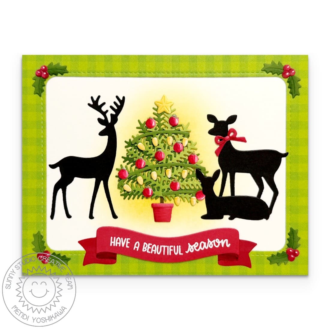 Sunny Studio Stamps Deer with Glowing Christmas Tree & Holly Holiday Card using Sleigh Ride Surprise Metal Cutting Craft Dies
