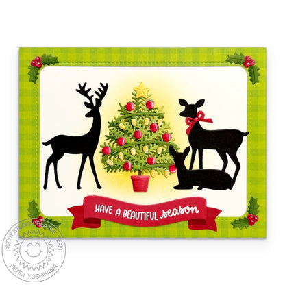 Sunny Studio Stamps Deer with Glowing Christmas Tree & Holly Holiday Card using Sleigh Ride Surprise Metal Cutting Craft Dies