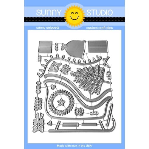 Sunny Studio Sleigh Ride Surprise Holiday Metal Cutting Craft Dies featuring Christmas Tree, Gifts, Santa Bag, Wreath & Holly
