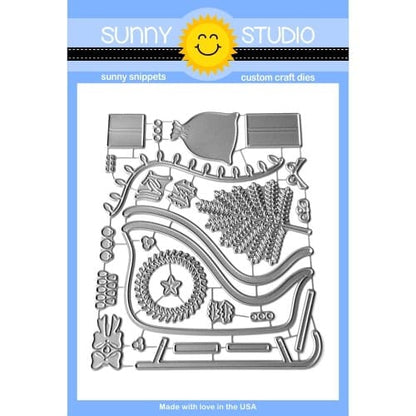 Sunny Studio Sleigh Ride Surprise Holiday Metal Cutting Craft Dies featuring Christmas Tree, Gifts, Santa Bag, Wreath & Holly