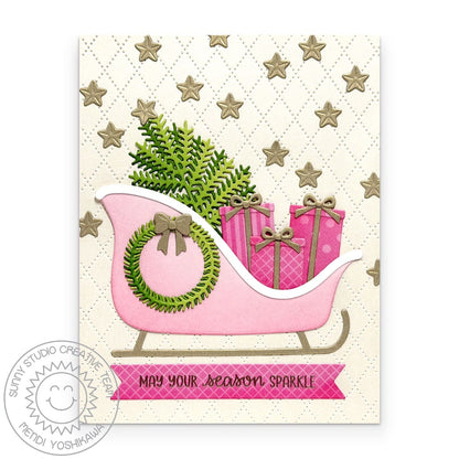 Sunny Studio Stamps Pink & Gold Gifts in Sleigh Holiday Christmas Card using Sleigh Ride Surprise Metal Cutting Craft Dies
