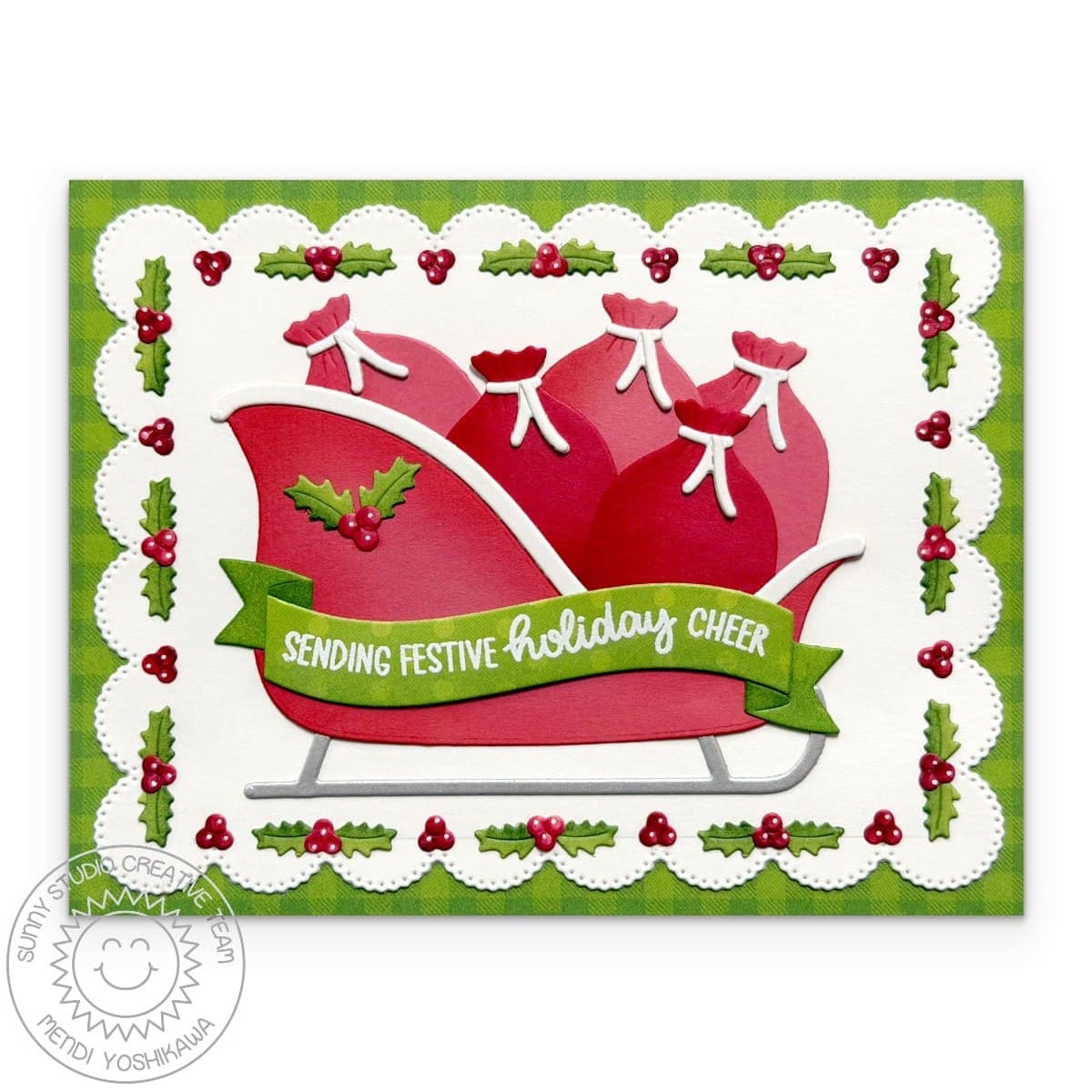 Sunny Studio Stamps Holly & Berries Red Sleigh DIY Holiday Christmas Card using Sleigh Ride Surprise Metal Cutting Craft Dies