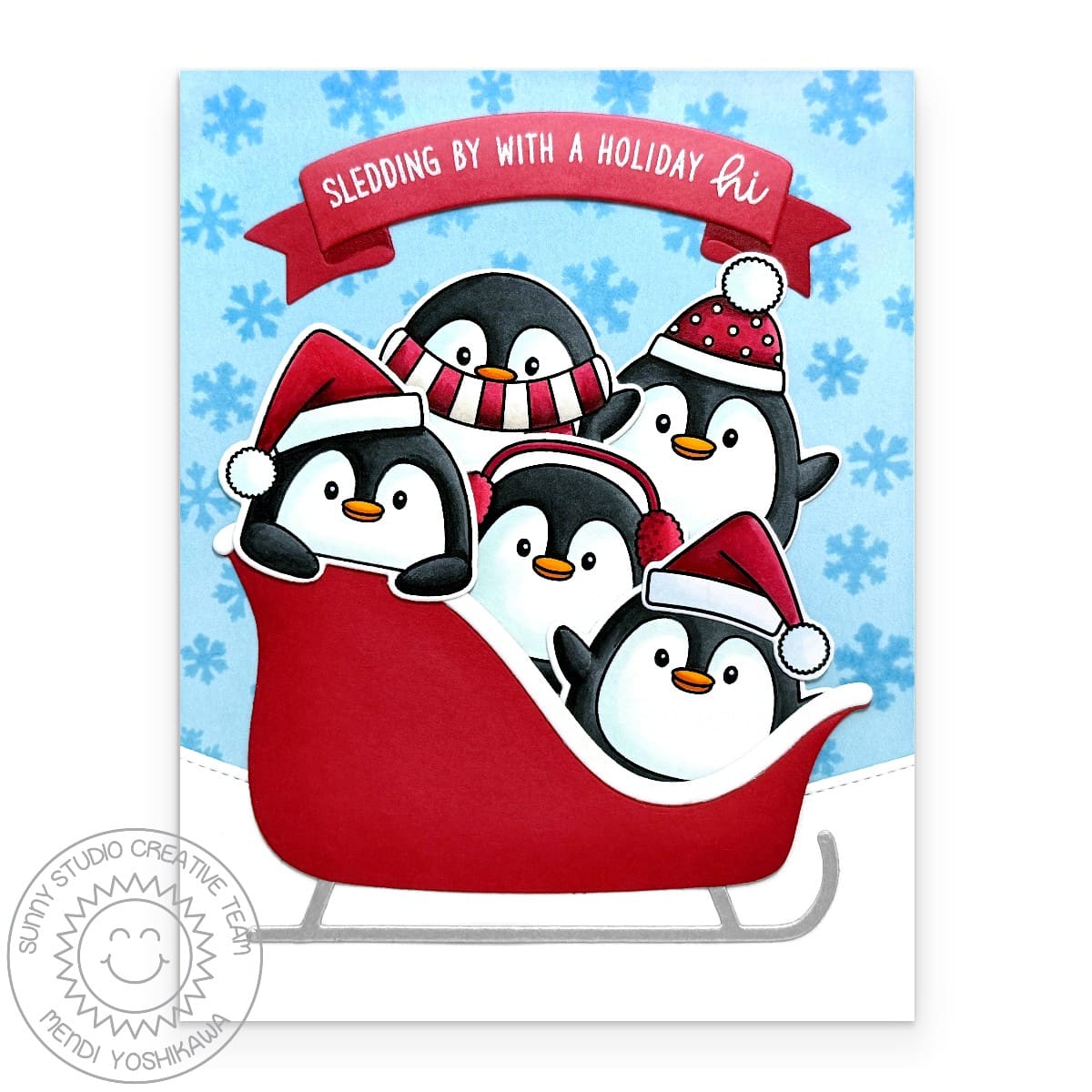 Sunny Studio Stamps Penguins Piled in Red Sleigh Holiday Christmas Card using Sleigh Ride Surprise Metal Cutting Craft Dies