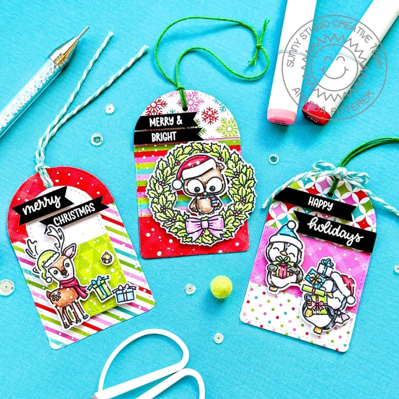 Sunny Studio Reindeer, Owl & Penguin Christmas Holiday Gift Tags using Build-a-Greeting Holidays Clear Sentiment Craft Stamps