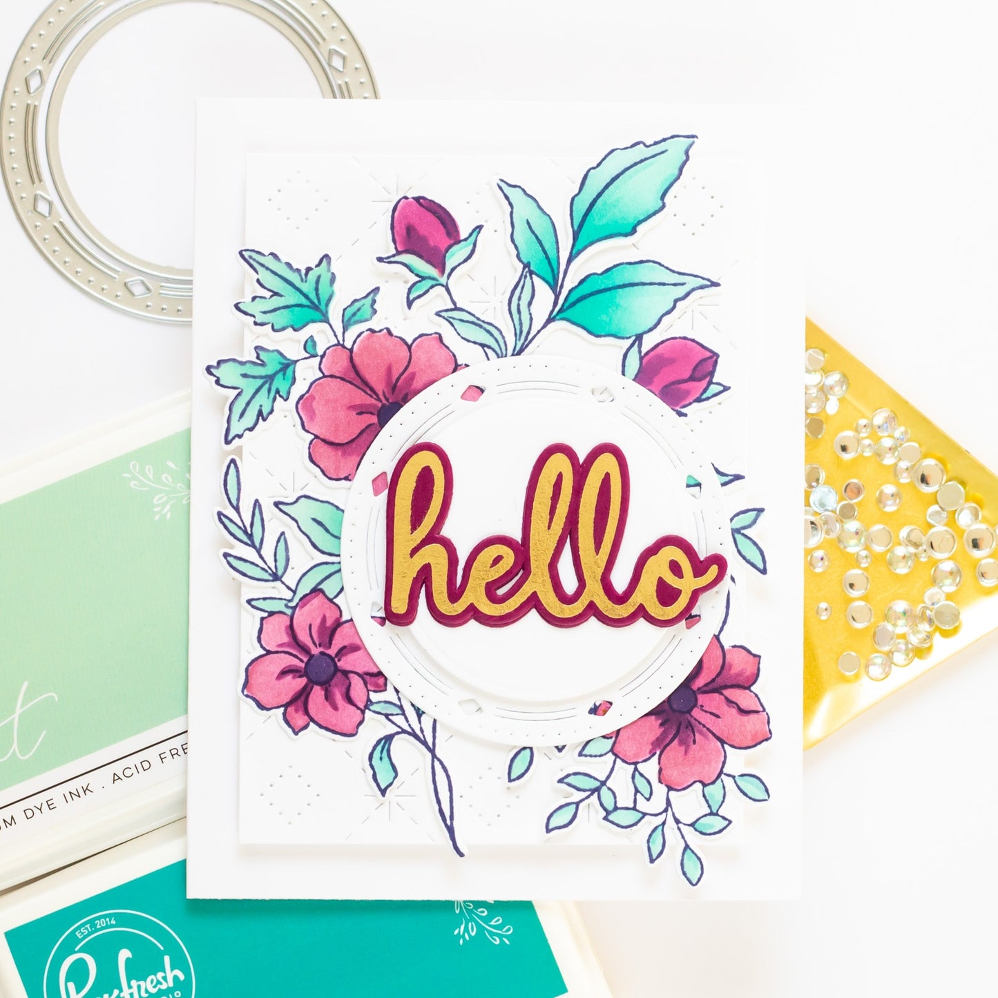 SET DEAL: Pinkfresh Studio - Phrase Builder Hello Hot Foil Plate + Die Set