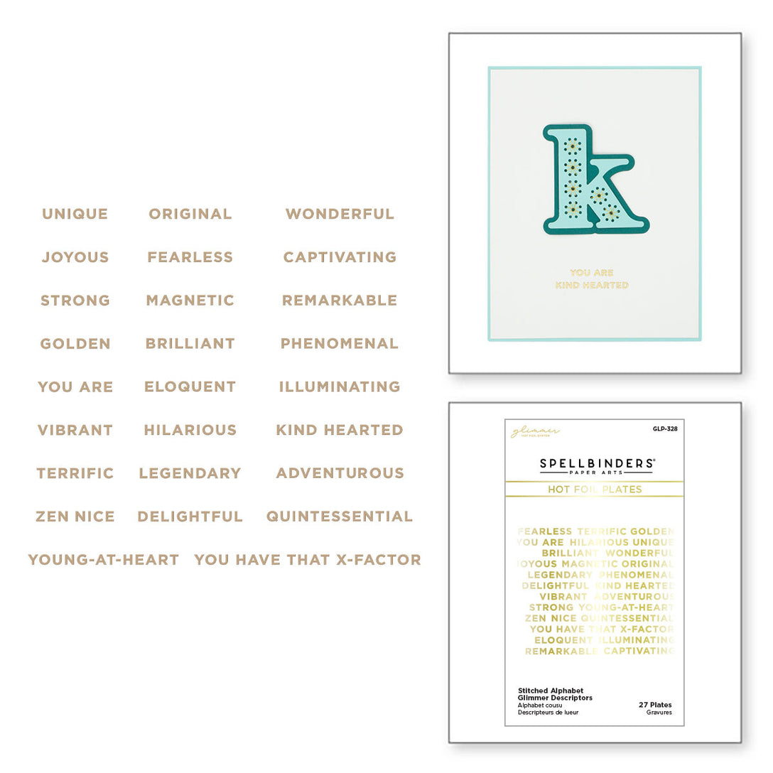 Spellbinders - Stitched Alphabet Glimmer Descriptors Glimmer Hot Foil Plate